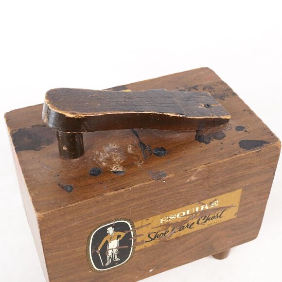 Esquire Shoe Shine Care Wood Chest Box Shoe Polish Kit Foot Rest w/ Brushes - Picture 7 of 14